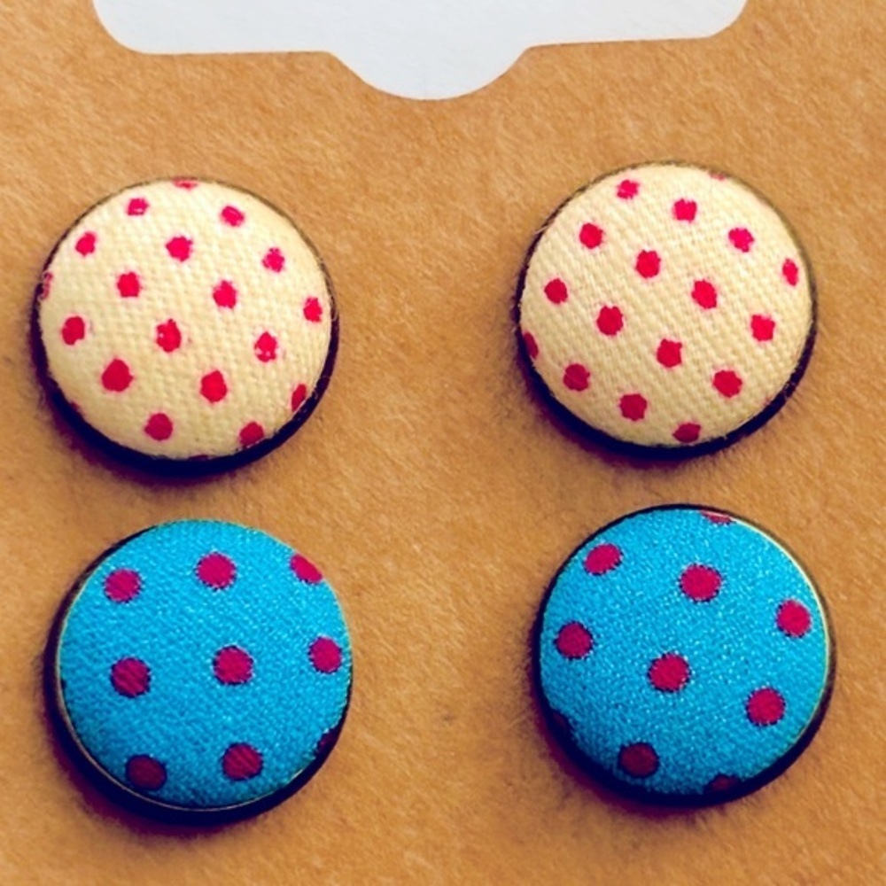 2 Pairs Polka Dot Fabric Button 12mm Stud Earrings, Handmade, NWT